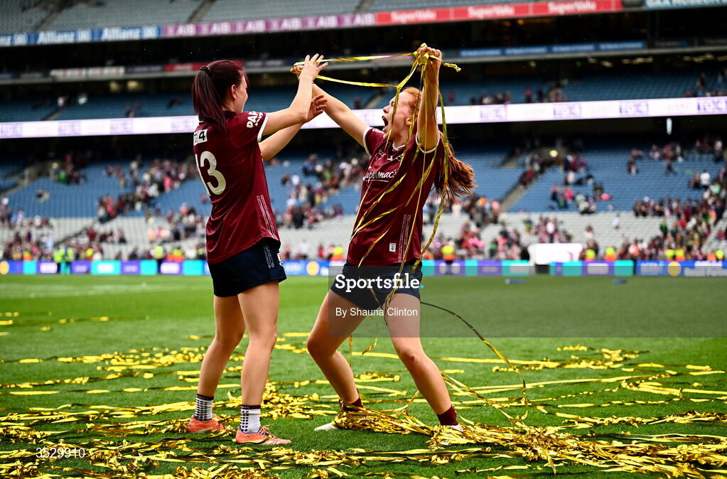 2 August 2026; Galway players Eva Noone, left, and Kate Slevin celebrate after the LGFA TG4 All-Ireland Senior Championship final match between Galway and Kerry at Croke Park in Dublin. Photo by Shauna Clinton/Sportsfile