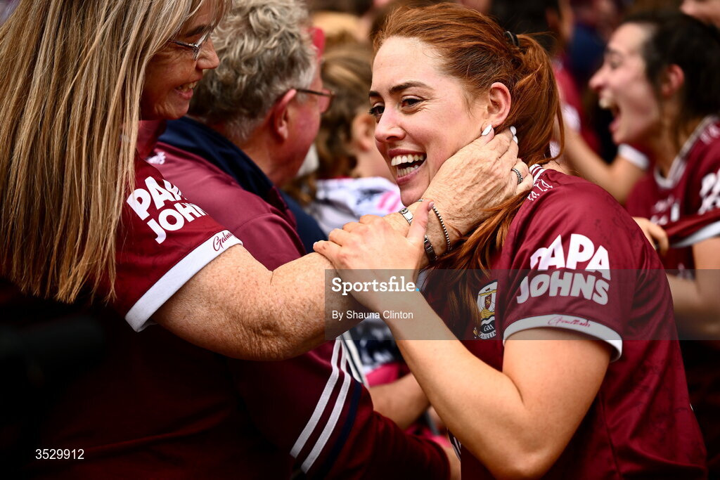 2 August 2026; Sarah Ní Loingsigh of Galway celebrates with supporters after the LGFA TG4 All-Ireland Senior Championship final match between Galway and Kerry at Croke Park in Dublin. Photo by Shauna Clinton/Sportsfile
