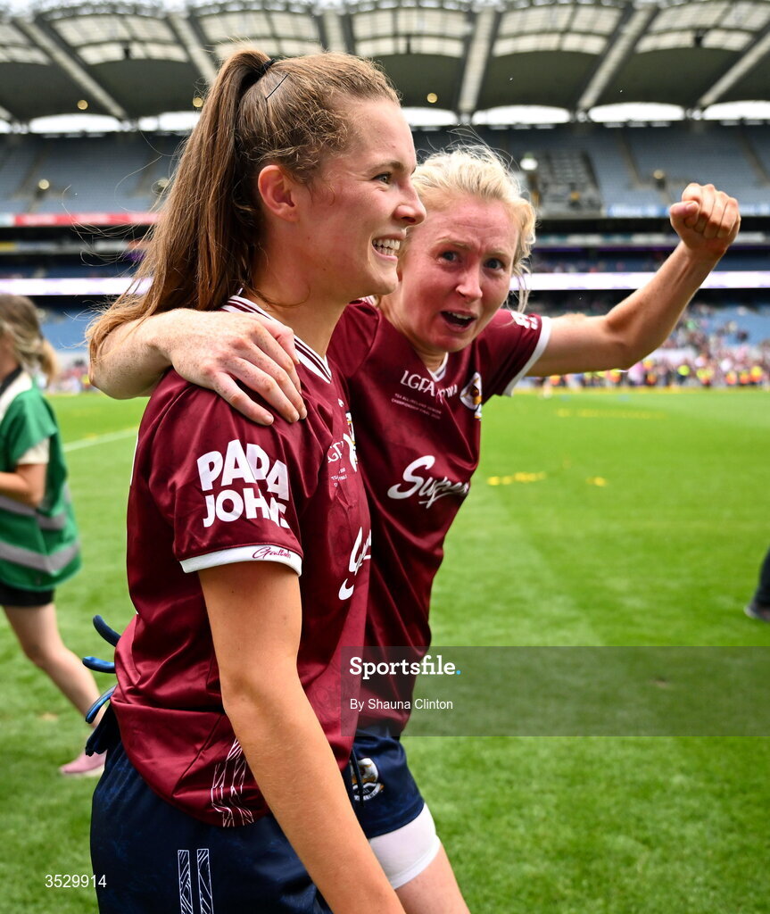 2 August 2026; Galway players Ríona Quinn, left, and Louise Ward celebrate after the LGFA TG4 All-Ireland Senior Championship final match between Galway and Kerry at Croke Park in Dublin. Photo by Shauna Clinton/Sportsfile