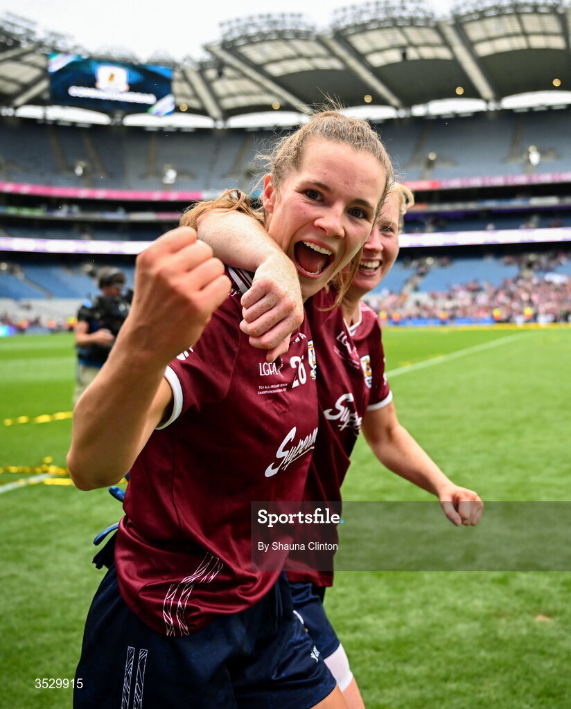 2 August 2026; Galway players Ríona Quinn, left, and Louise Ward celebrate after the LGFA TG4 All-Ireland Senior Championship final match between Galway and Kerry at Croke Park in Dublin. Photo by Shauna Clinton/Sportsfile