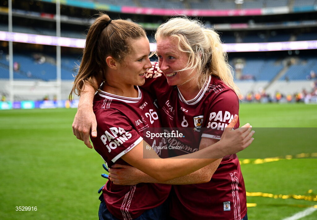 2 August 2026; Galway players Ríona Quinn, left, and Louise Ward celebrate after the LGFA TG4 All-Ireland Senior Championship final match between Galway and Kerry at Croke Park in Dublin. Photo by Shauna Clinton/Sportsfile