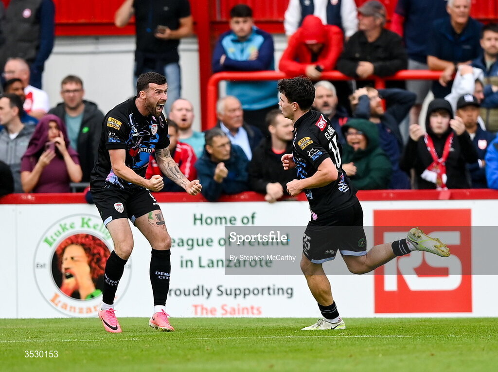 2 August 2026; James Clarke of Derry City celebrates with team-mate Patrick McClean, left, after scoring their side's first goal during the SSE Airtricity Men's Premier Division match between St Patrick's Athletic and Derry City at Richmond Park in Dublin. Photo by Stephen McCarthy/Sportsfile