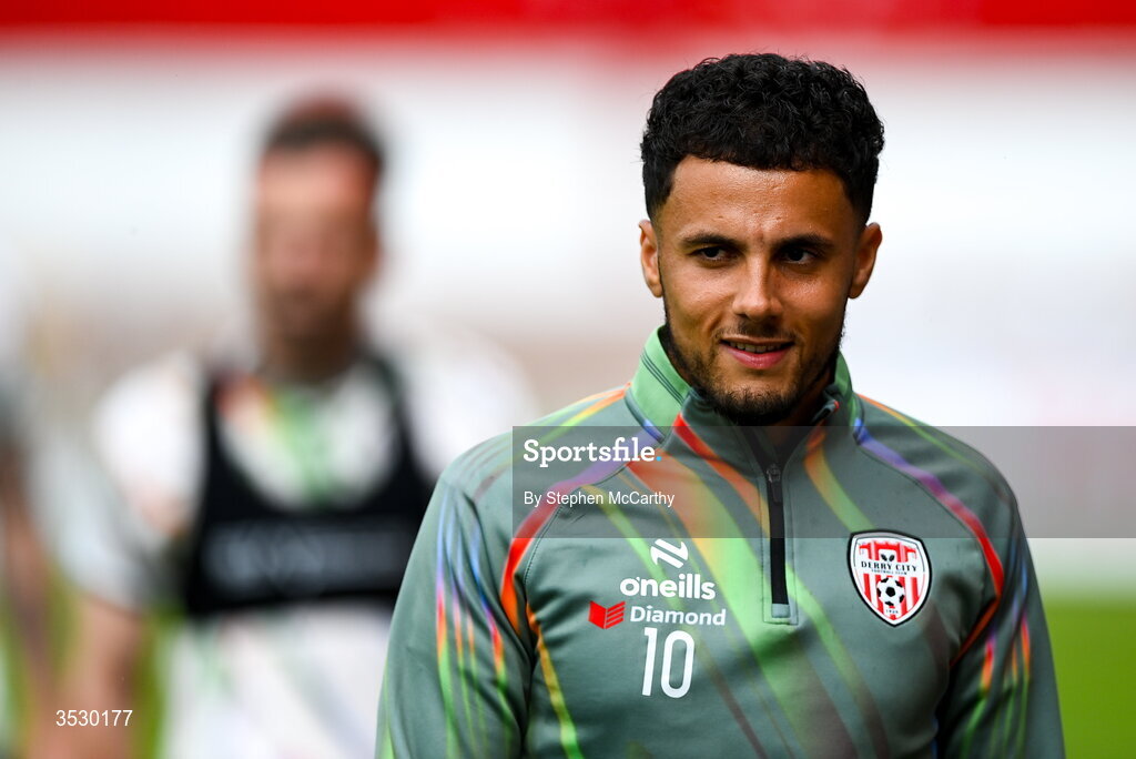 2 August 2026; Tyler Smith of Derry City before the SSE Airtricity Men's Premier Division match between St Patrick's Athletic and Derry City at Richmond Park in Dublin. Photo by Stephen McCarthy/Sportsfile