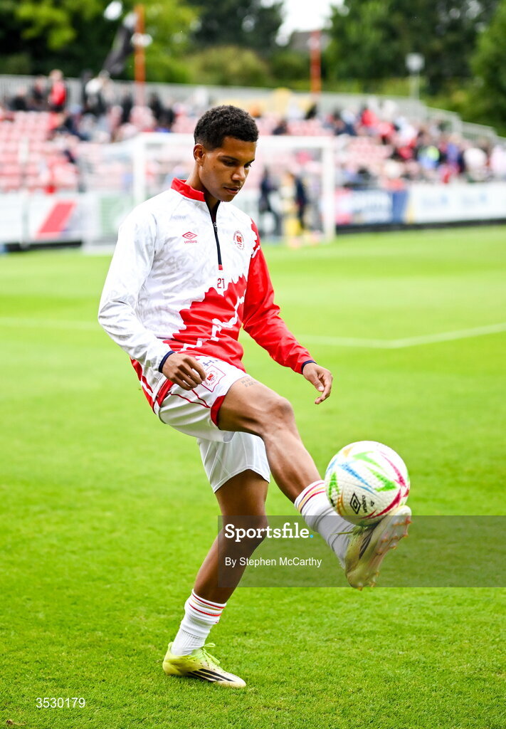 2 August 2026; Anthony Olusanya of St Patrick's Athletic before the SSE Airtricity Men's Premier Division match between St Patrick's Athletic and Derry City at Richmond Park in Dublin. Photo by Stephen McCarthy/Sportsfile