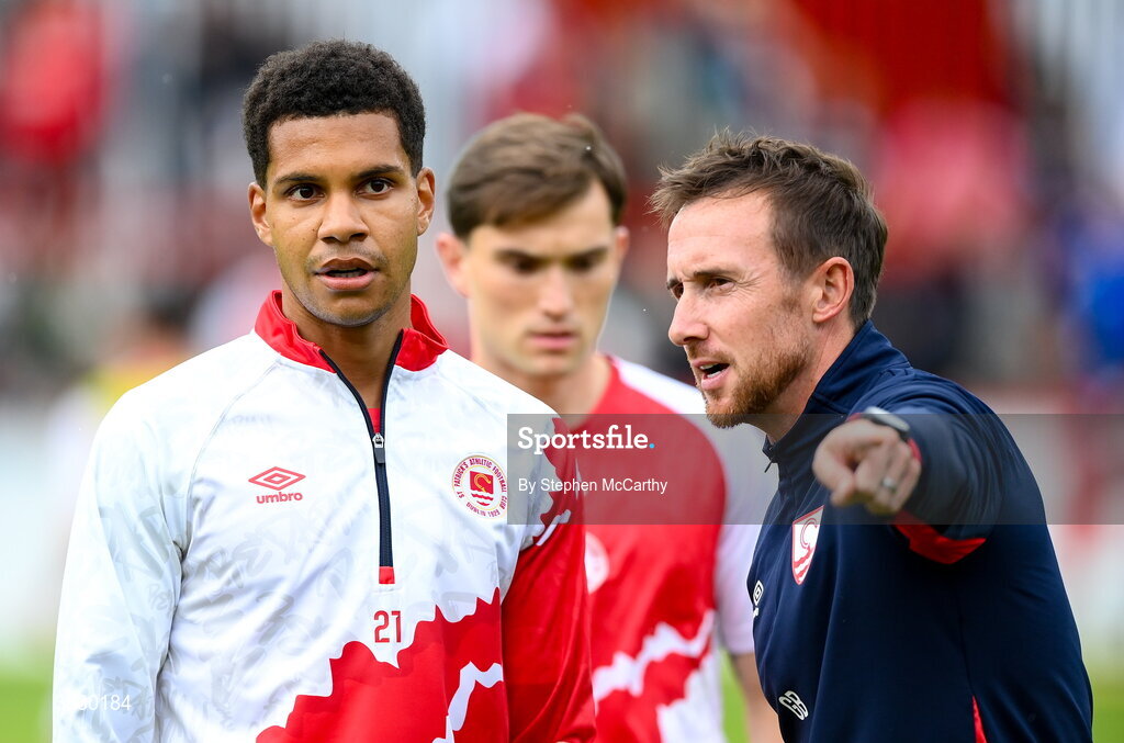 2 August 2026; Anthony Olusanya of St Patrick's Athletic and head of performance Graham Byrne before the SSE Airtricity Men's Premier Division match between St Patrick's Athletic and Derry City at Richmond Park in Dublin. Photo by Stephen McCarthy/Sportsfile