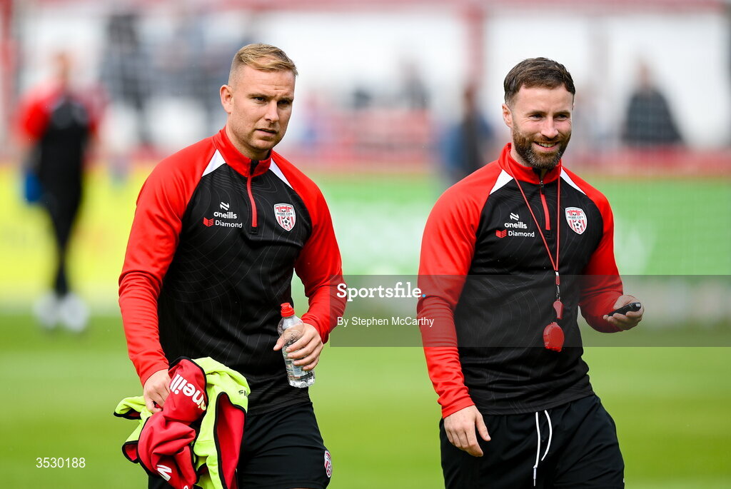 2 August 2026; Derry City first team coach Andy Mitchell and strength and conditioning coach Danny Doherty, right, before the SSE Airtricity Men's Premier Division match between St Patrick's Athletic and Derry City at Richmond Park in Dublin. Photo by Stephen McCarthy/Sportsfile