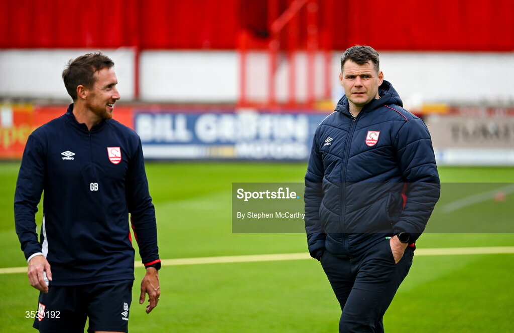 2 August 2026; St Patrick's Athletic head of performance Graham Byrne and sports performance coach Kevin McManamon, right, before the SSE Airtricity Men's Premier Division match between St Patrick's Athletic and Derry City at Richmond Park in Dublin. Photo by Stephen McCarthy/Sportsfile