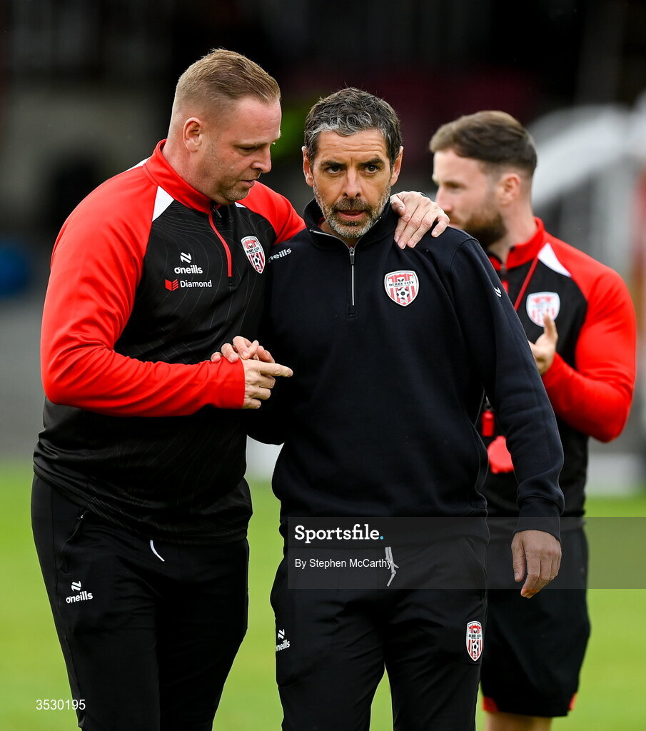 2 August 2026; Derry City goalkeeping coach Anthony Fennelly, left, and manager Tiernan Lynch after the SSE Airtricity Men's Premier Division match between St Patrick's Athletic and Derry City at Richmond Park in Dublin. Photo by Stephen McCarthy/Sportsfile