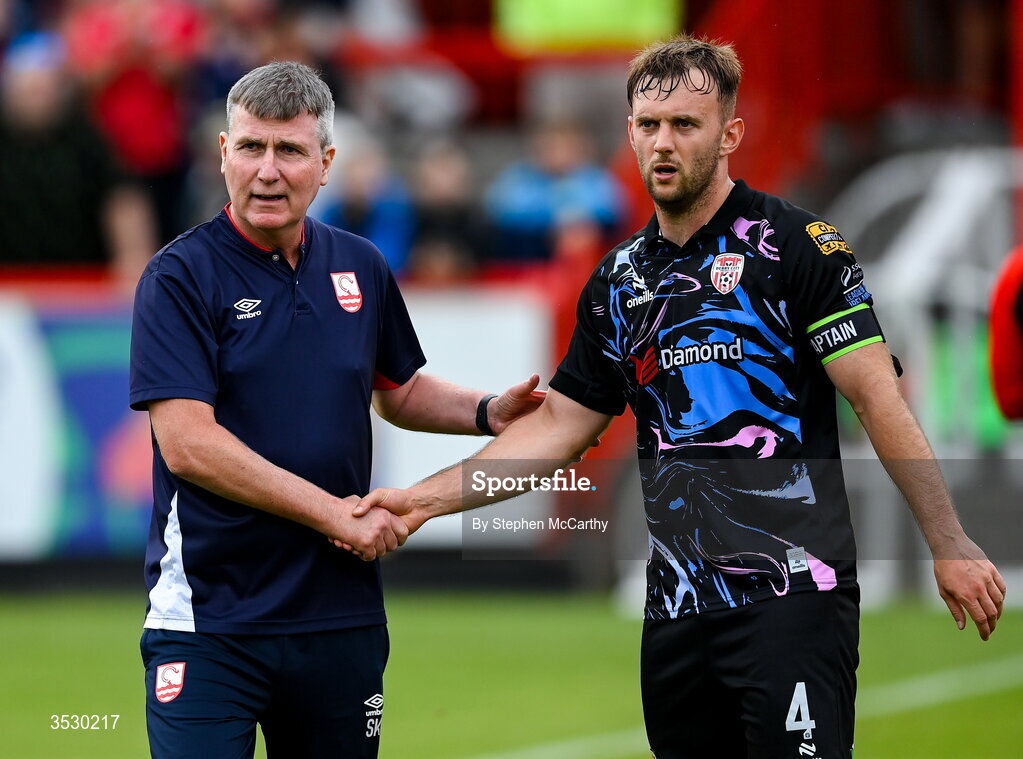 2 August 2026; St Patrick's Athletic manager Stephen Kenny and Jamie Stott of Derry City after the SSE Airtricity Men's Premier Division match between St Patrick's Athletic and Derry City at Richmond Park in Dublin. Photo by Stephen McCarthy/Sportsfile