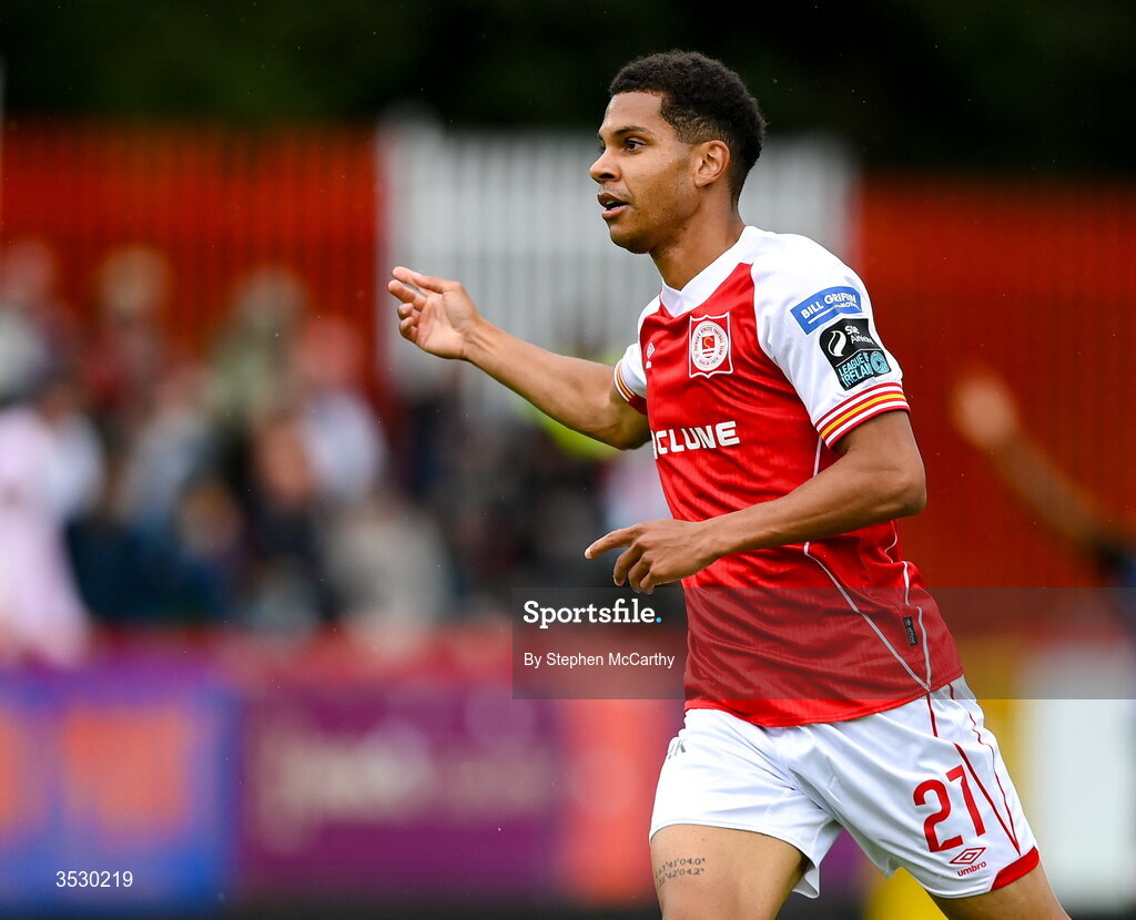 2 August 2026; Anthony Olusanya of St Patrick's Athletic during the SSE Airtricity Men's Premier Division match between St Patrick's Athletic and Derry City at Richmond Park in Dublin. Photo by Stephen McCarthy/Sportsfile