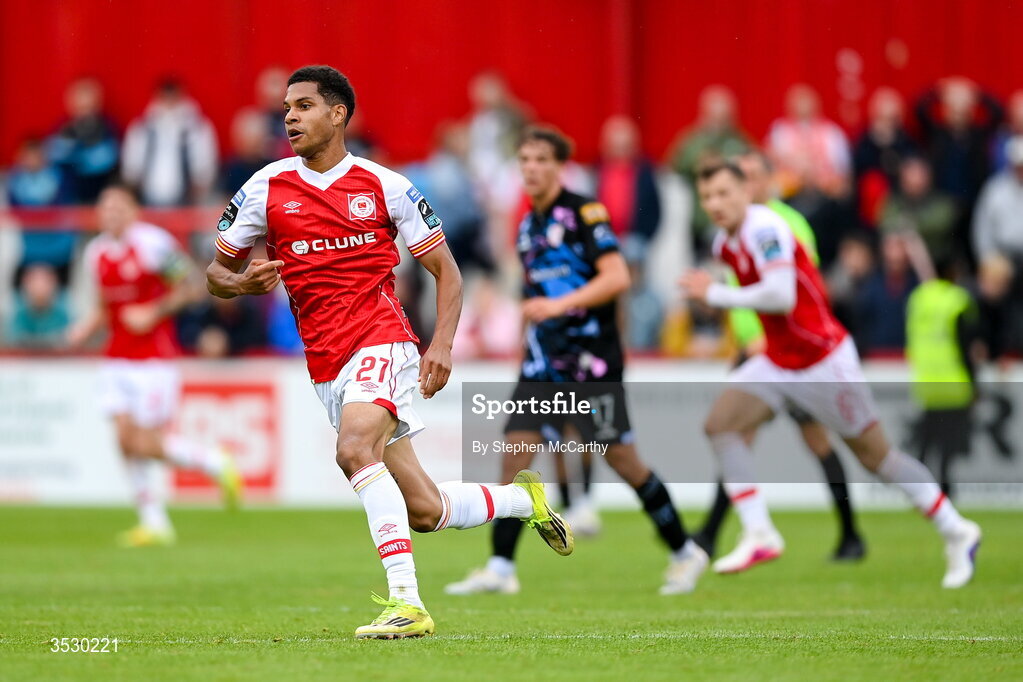 2 August 2026; Anthony Olusanya of St Patrick's Athletic during the SSE Airtricity Men's Premier Division match between St Patrick's Athletic and Derry City at Richmond Park in Dublin. Photo by Stephen McCarthy/Sportsfile