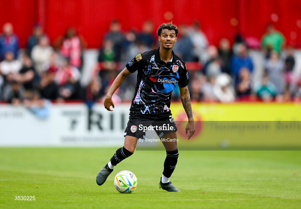 2 August 2026; Brooklyn Lyons-Foster of Derry City during the SSE Airtricity Men's Premier Division match between St Patrick's Athletic and Derry City at Richmond Park in Dublin. Photo by Stephen McCarthy/Sportsfile