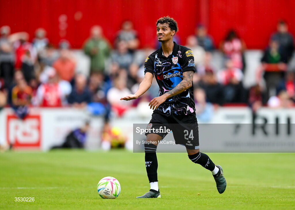 2 August 2026; Brooklyn Lyons-Foster of Derry City during the SSE Airtricity Men's Premier Division match between St Patrick's Athletic and Derry City at Richmond Park in Dublin. Photo by Stephen McCarthy/Sportsfile