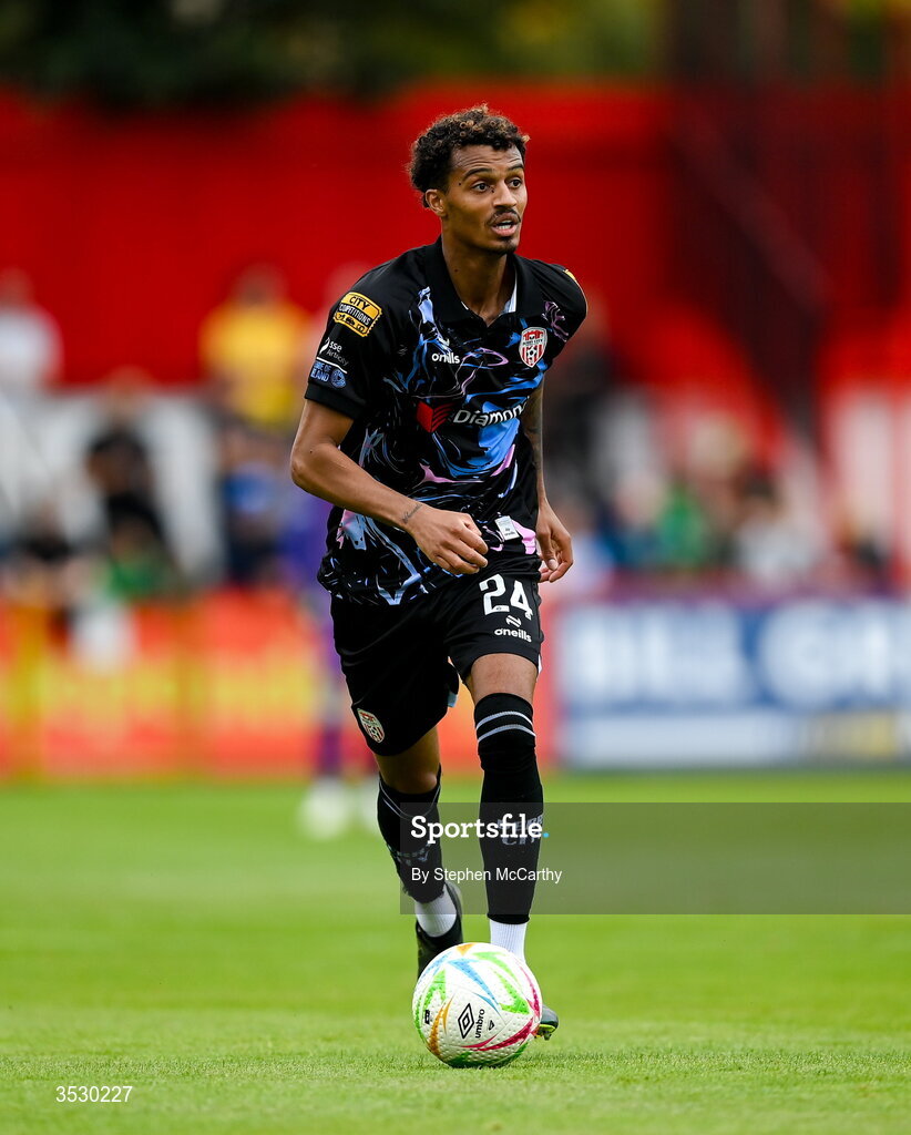 2 August 2026; Brooklyn Lyons-Foster of Derry City during the SSE Airtricity Men's Premier Division match between St Patrick's Athletic and Derry City at Richmond Park in Dublin. Photo by Stephen McCarthy/Sportsfile