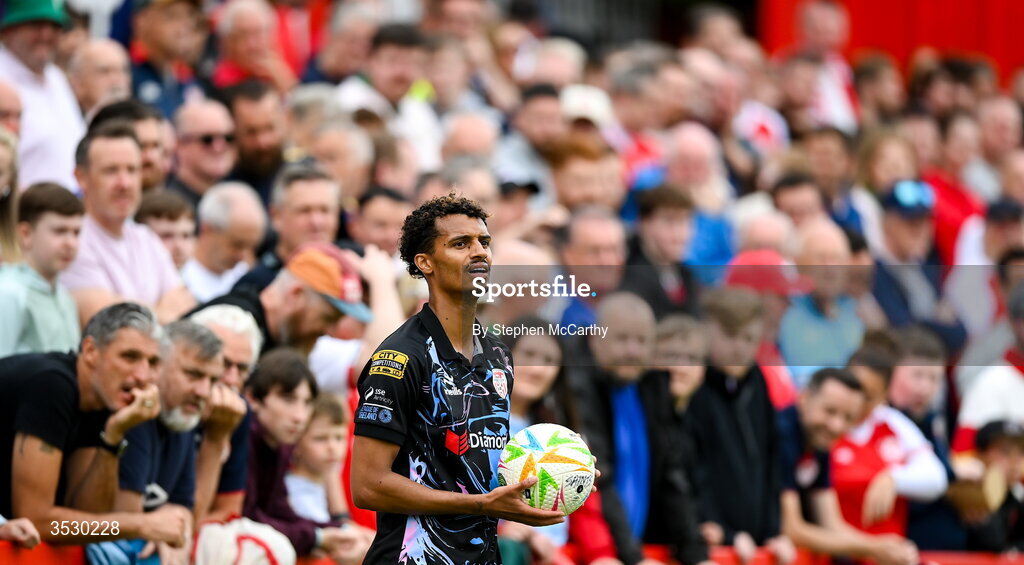 2 August 2026; Brooklyn Lyons-Foster of Derry City during the SSE Airtricity Men's Premier Division match between St Patrick's Athletic and Derry City at Richmond Park in Dublin. Photo by Stephen McCarthy/Sportsfile