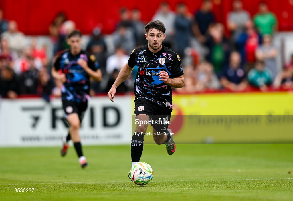 2 August 2026; Adam O'Reilly of Derry City during the SSE Airtricity Men's Premier Division match between St Patrick's Athletic and Derry City at Richmond Park in Dublin. Photo by Stephen McCarthy/Sportsfile