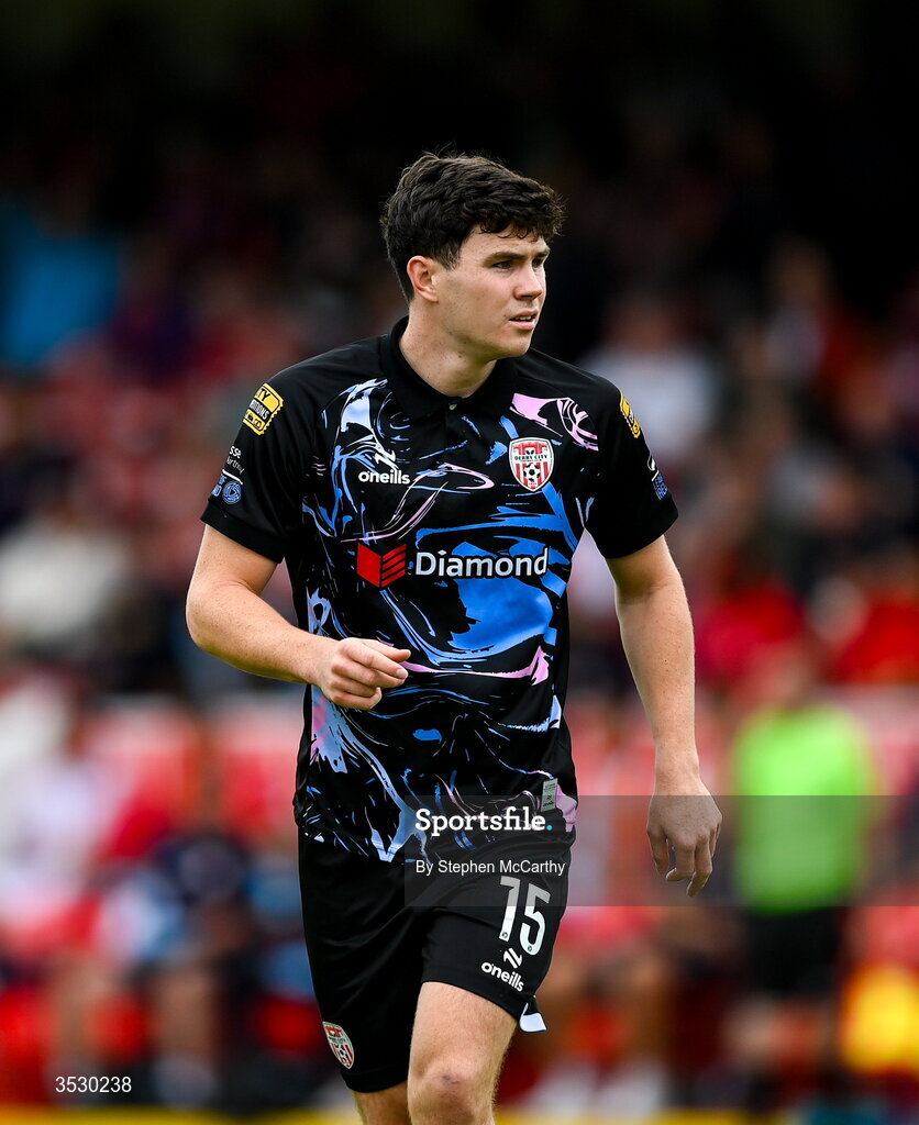2 August 2026; James Clarke of Derry City during the SSE Airtricity Men's Premier Division match between St Patrick's Athletic and Derry City at Richmond Park in Dublin. Photo by Stephen McCarthy/Sportsfile