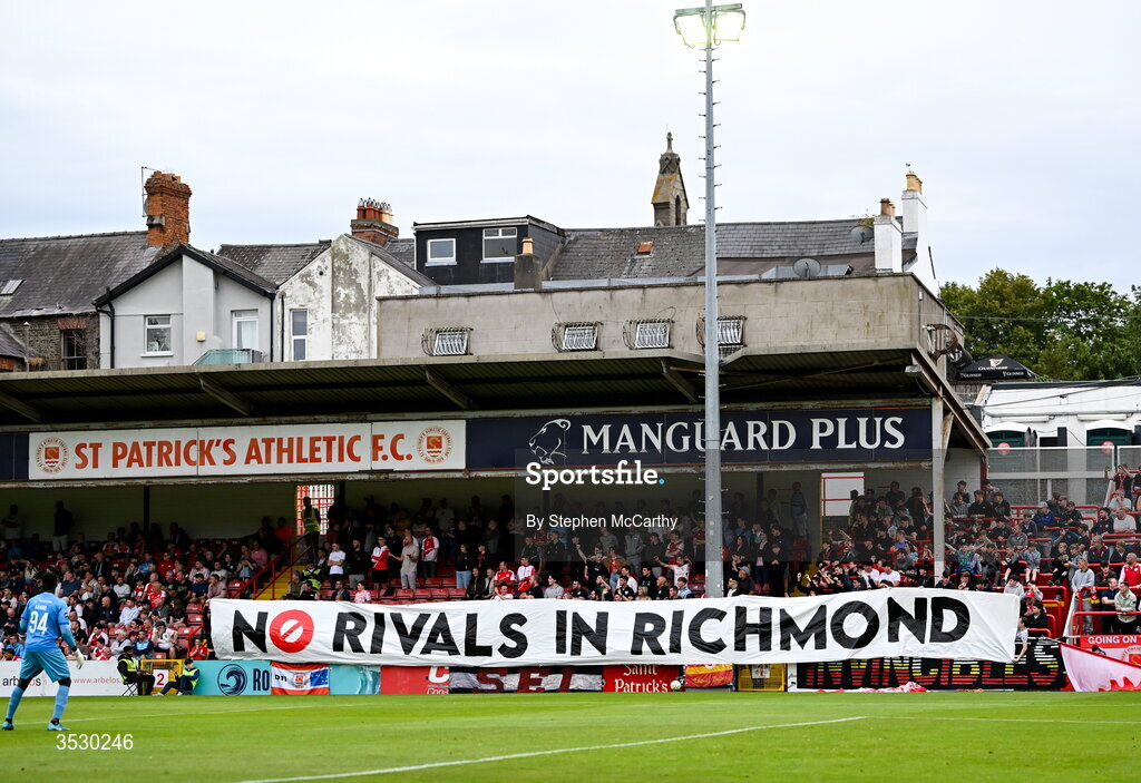 2 August 2026; St Patrick's Athletic supporters hold up a banner that reads "NO RIVALS IN RICHMOND" in relation to the prospect of St Patrick's Athletic ground sharing with Bohemians next season during the SSE Airtricity Men's Premier Division match between St Patrick's Athletic and Derry City at Richmond Park in Dublin. Photo by Stephen McCarthy/Sportsfile