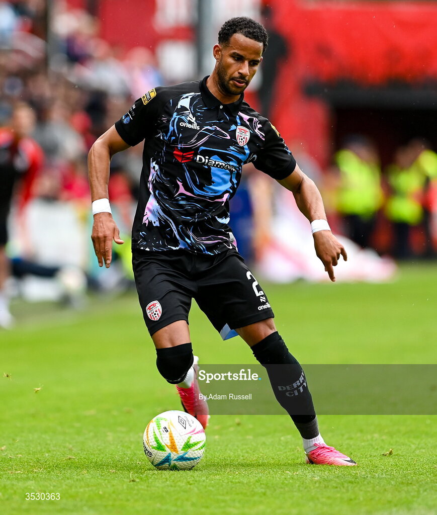 2 August 2026; Barry Cotter of Derry City during the SSE Airtricity Men's Premier Division match between St Patrick's Athletic and Derry City at Richmond Park in Dublin. Photo by Adam Russell/Sportsfile