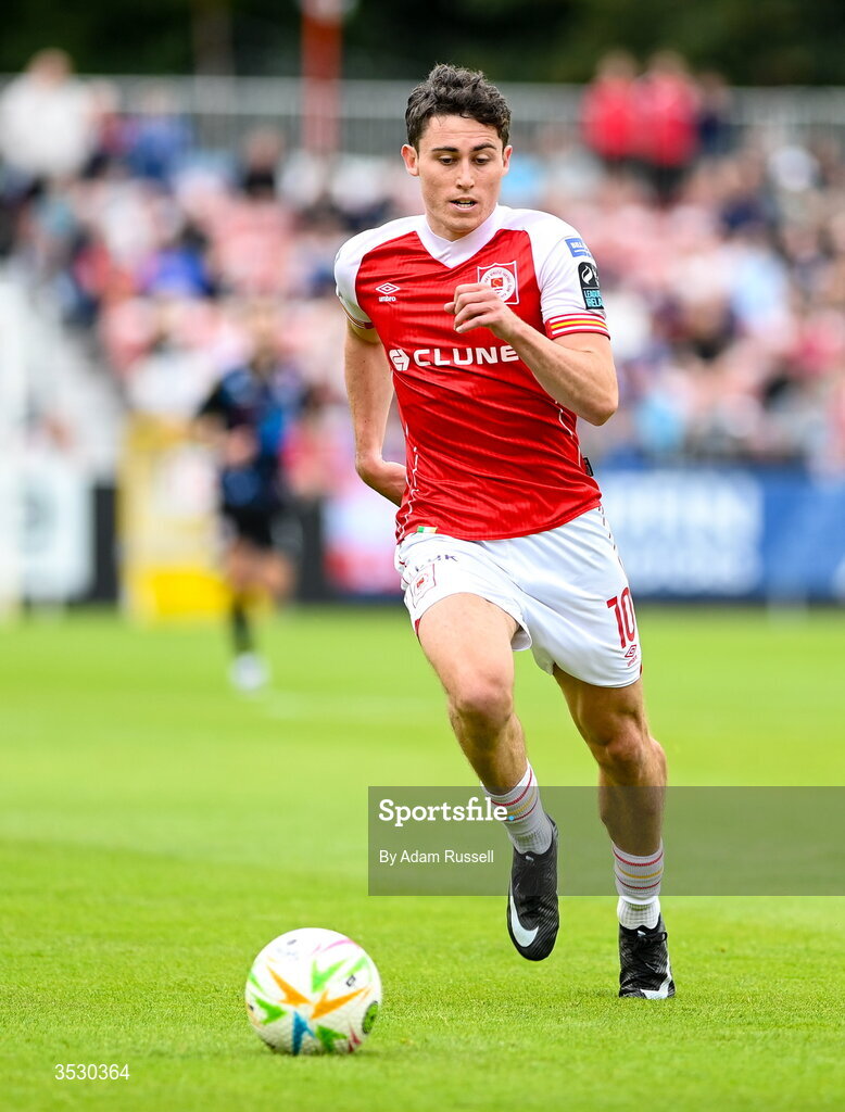 2 August 2026; Kian Leavy of St Patrick's Athletic during the SSE Airtricity Men's Premier Division match between St Patrick's Athletic and Derry City at Richmond Park in Dublin. Photo by Adam Russell/Sportsfile