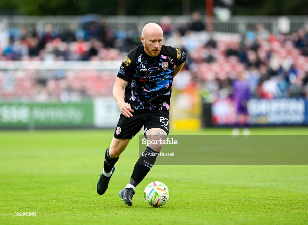 2 August 2026; Liam Boyce of Derry City during the SSE Airtricity Men's Premier Division match between St Patrick's Athletic and Derry City at Richmond Park in Dublin. Photo by Adam Russell/Sportsfile