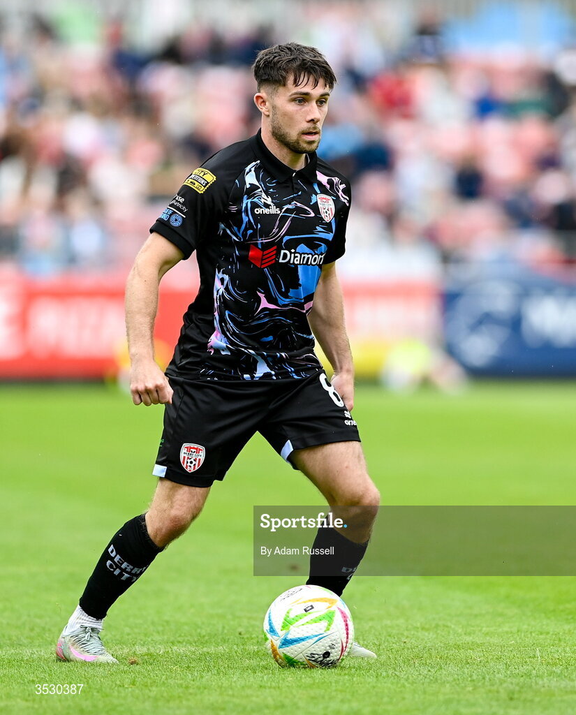 2 August 2026; Adam O'Reilly of Derry City during the SSE Airtricity Men's Premier Division match between St Patrick's Athletic and Derry City at Richmond Park in Dublin. Photo by Adam Russell/Sportsfile