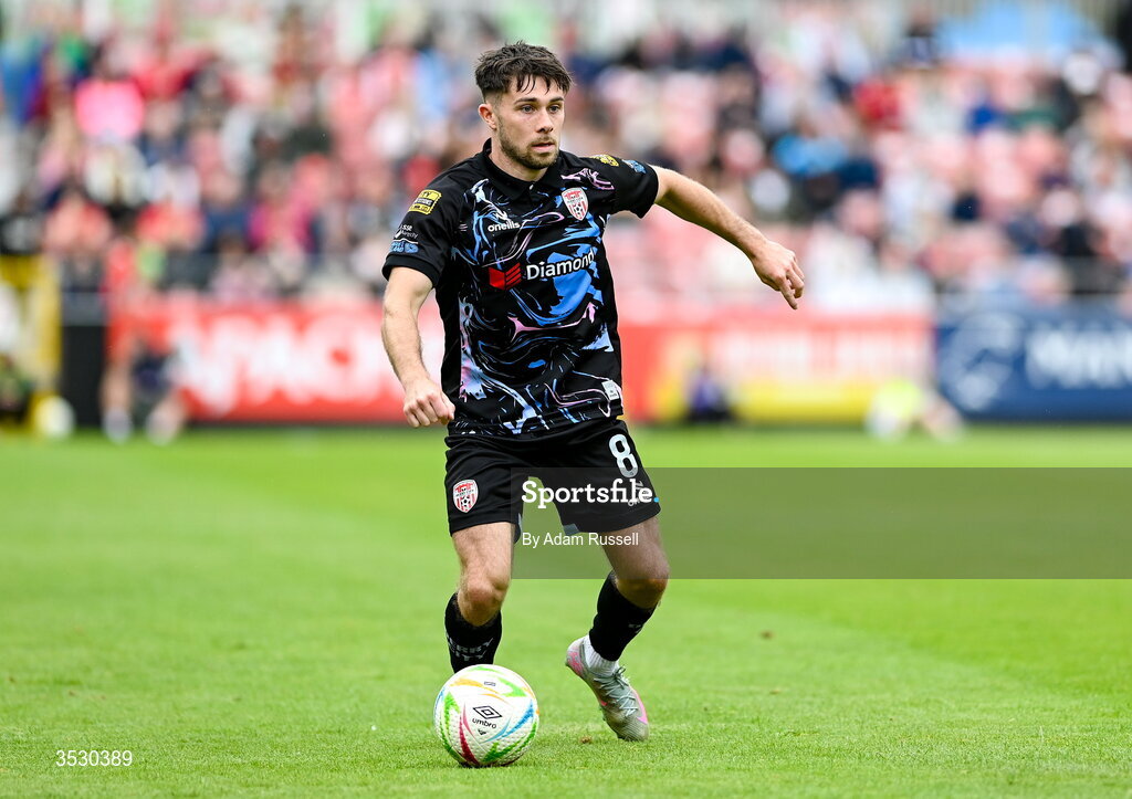2 August 2026; Adam O'Reilly of Derry City during the SSE Airtricity Men's Premier Division match between St Patrick's Athletic and Derry City at Richmond Park in Dublin. Photo by Adam Russell/Sportsfile