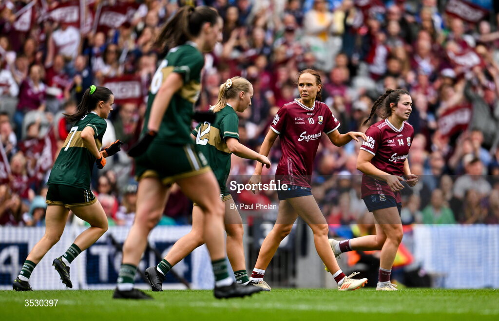 2 August 2026; Olivia Divilly of Galway celebrates scoring a point during the LGFA TG4 All-Ireland Senior Championship final match between Galway and Kerry at Croke Park in Dublin. Photo by Paul Phelan/Sportsfile