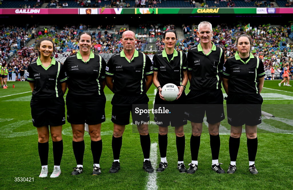 2 August 2026; Referee Margaret Farrelly, fourth from left, and match officials before the LGFA TG4 All-Ireland Senior Championship final match between Galway and Kerry at Croke Park in Dublin. Photo by Paul Phelan/Sportsfile