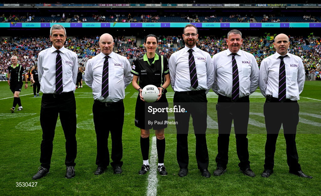 2 August 2026; Referee Margaret Farrelly, third from left, and match officials during the LGFA TG4 All-Ireland Senior Championship final match between Galway and Kerry at Croke Park in Dublin. Photo by Paul Phelan/Sportsfile