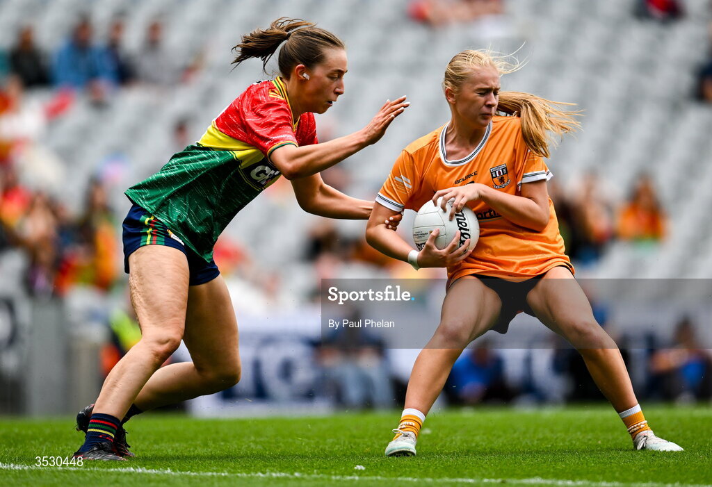 2 August 2026; Aiobheann Monaghan of Antrim in action against Róisín Bailey of Carlow during the LGFA TG4 All-Ireland Junior Championship final match between Antrim and Carlow at Croke Park in Dublin. Photo by Paul Phelan/Sportsfile
