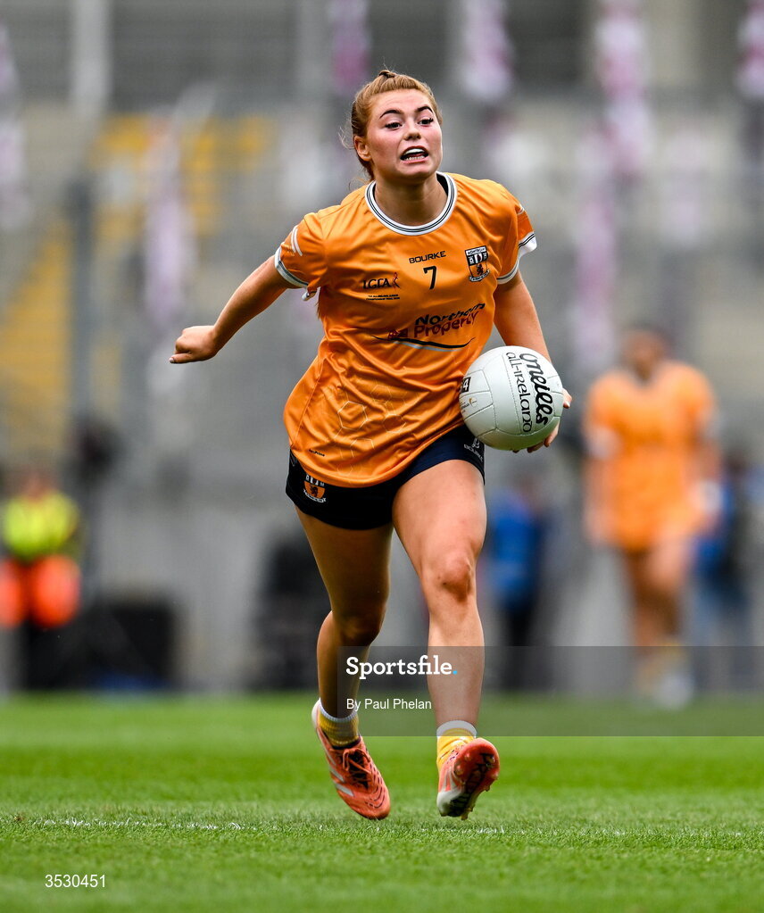 2 August 2026; Carla McKenna of Antrim during the LGFA TG4 All-Ireland Junior Championship final match between Antrim and Carlow at Croke Park in Dublin. Photo by Paul Phelan/Sportsfile