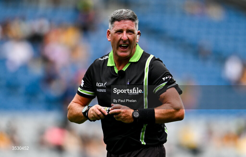 2 August 2026; Referee Conor McCarthy during the LGFA TG4 All-Ireland Junior Championship final match between Antrim and Carlow at Croke Park in Dublin. Photo by Paul Phelan/Sportsfile
