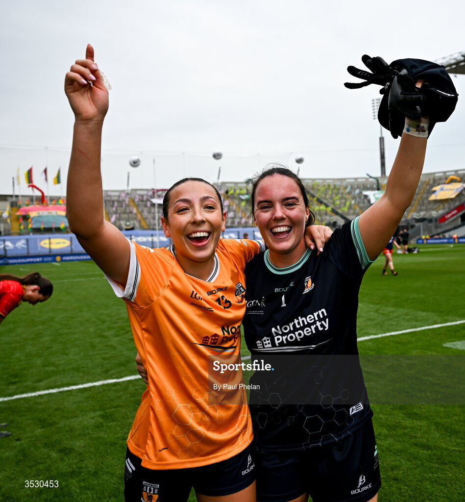 2 August 2026; Emma Louise McAreavey and Aine Devlin of Antrim celebrate after winning the LGFA TG4 All-Ireland Junior Championship final match between Antrim and Carlow at Croke Park in Dublin. Photo by Paul Phelan/Sportsfile