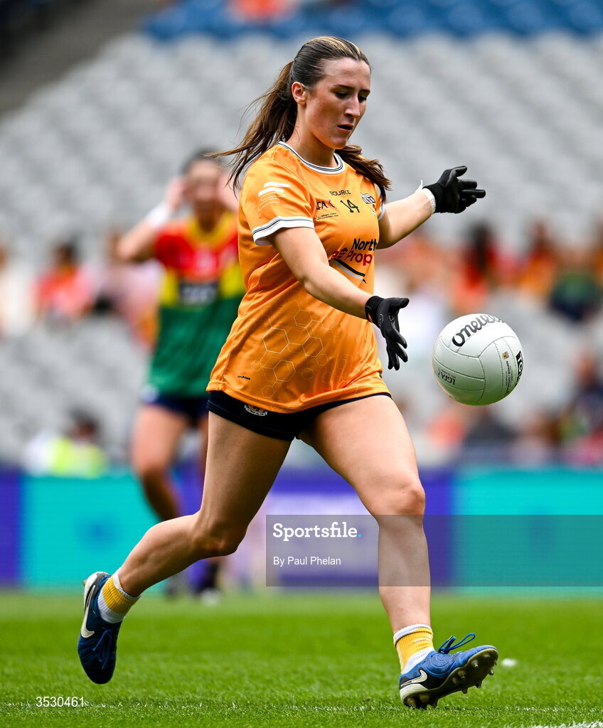 2 August 2026; Maria O'Neill of Antrim during the LGFA TG4 All-Ireland Junior Championship final match between Antrim and Carlow at Croke Park in Dublin. Photo by Paul Phelan/Sportsfile