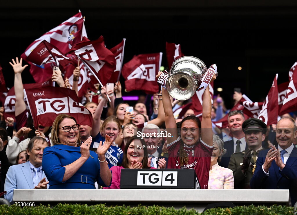 2 August 2026; Galway captain Kate Geraghty lifts the Brendan Martin Cup following the LGFA TG4 All-Ireland Senior Championship final match between Galway and Kerry at Croke Park in Dublin. Photo by Seb Daly/Sportsfile