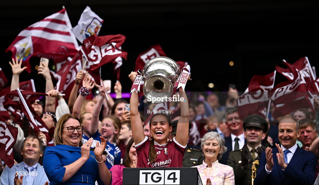 2 August 2026; Galway captain Kate Geraghty lifts the Brendan Martin Cup following the LGFA TG4 All-Ireland Senior Championship final match between Galway and Kerry at Croke Park in Dublin. Photo by Seb Daly/Sportsfile