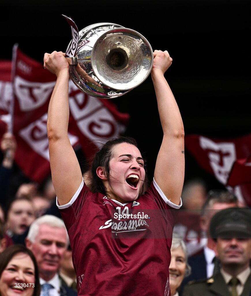2 August 2026; Leanne Coen of Galway lifts the Brendan Martin Cup following the LGFA TG4 All-Ireland Senior Championship final match between Galway and Kerry at Croke Park in Dublin. Photo by Seb Daly/Sportsfile