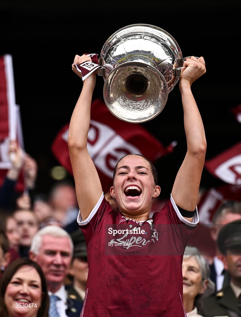 2 August 2026; Kate Thompson of Galway lifts the Brendan Martin Cup following the LGFA TG4 All-Ireland Senior Championship final match between Galway and Kerry at Croke Park in Dublin. Photo by Seb Daly/Sportsfile