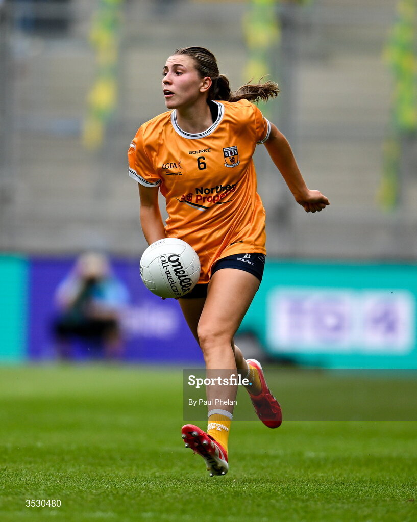 2 August 2026; Dúana Coleman of Antrim during the LGFA TG4 All-Ireland Junior Championship final match between Antrim and Carlow at Croke Park in Dublin. Photo by Paul Phelan/Sportsfile