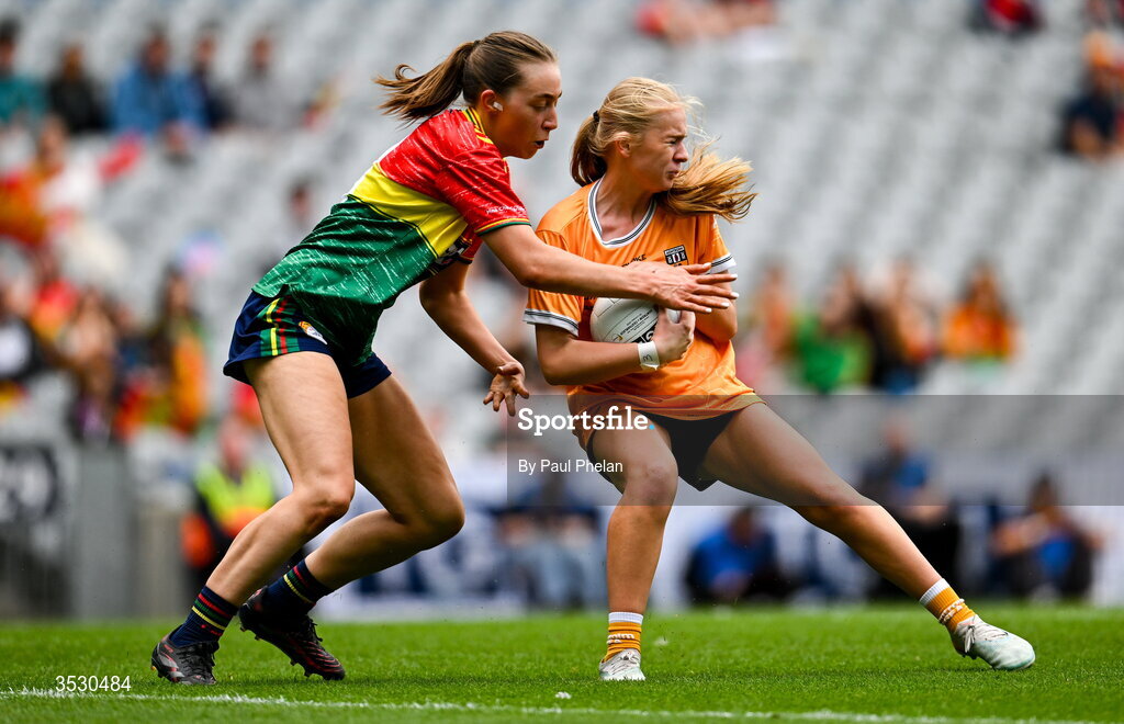 2 August 2026; Aiobheann Monaghan of Antrim in action against Róisín Bailey of Carlow during the LGFA TG4 All-Ireland Junior Championship final match between Antrim and Carlow at Croke Park in Dublin. Photo by Paul Phelan/Sportsfile