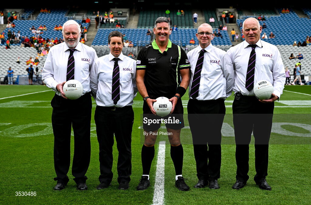 2 August 2026; Referee Conor McCarthy, centre, and match officials before the LGFA TG4 All-Ireland Junior Championship final match between Antrim and Carlow at Croke Park in Dublin. Photo by Paul Phelan/Sportsfile