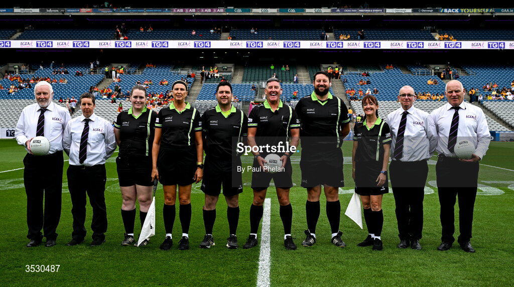 2 August 2026; Referee Conor McCarthy, 6th from left, and match officials before the LGFA TG4 All-Ireland Junior Championship final match between Antrim and Carlow at Croke Park in Dublin. Photo by Paul Phelan/Sportsfile