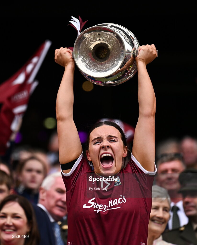 2 August 2026; Sophie Healy of Galway lifts the Brendan Martin Cup following the LGFA TG4 All-Ireland Senior Championship final match between Galway and Kerry at Croke Park in Dublin. Photo by Seb Daly/Sportsfile