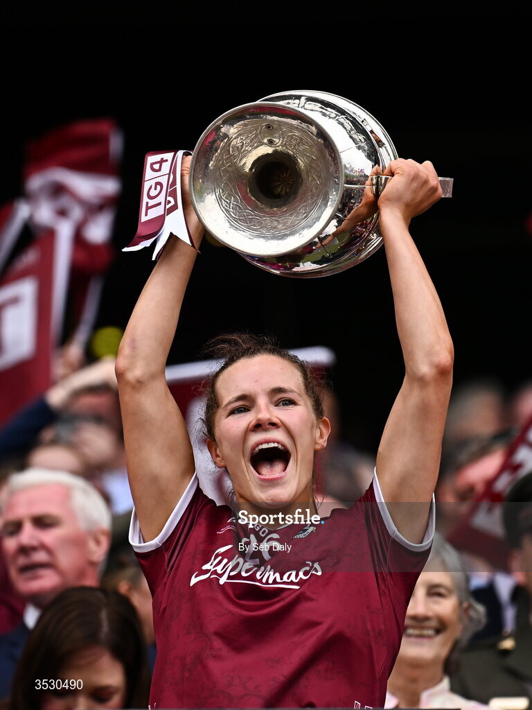 2 August 2026; Aoife Ní Ruairc of Galway lifts the Brendan Martin Cup following the LGFA TG4 All-Ireland Senior Championship final match between Galway and Kerry at Croke Park in Dublin. Photo by Seb Daly/Sportsfile