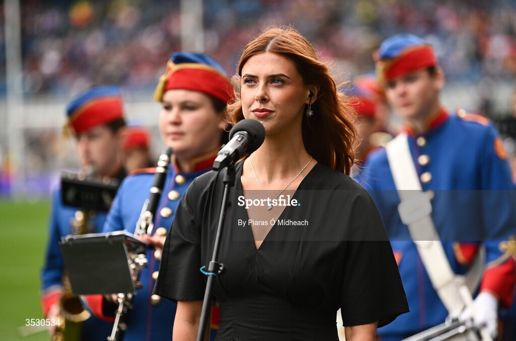 2 August 2026; Méabh McNeill of Lámh Dhearg, Aontroim, sings Amhrán na bhFiann before the LGFA TG4 All-Ireland Senior Championship final match between Galway and Kerry at Croke Park in Dublin. Photo by Piaras Ó Mídheach/Sportsfile