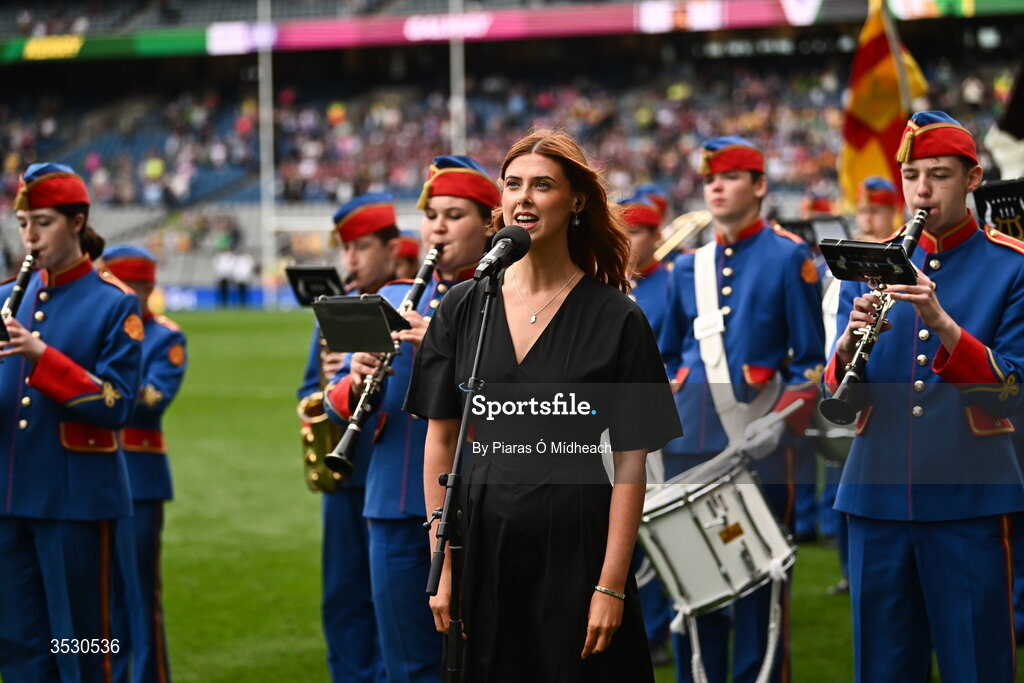 2 August 2026; Méabh McNeill of Lámh Dhearg, Aontroim, sings Amhrán na bhFiann before the LGFA TG4 All-Ireland Senior Championship final match between Galway and Kerry at Croke Park in Dublin. Photo by Piaras Ó Mídheach/Sportsfile