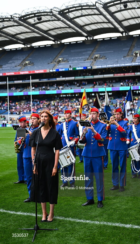 2 August 2026; Méabh McNeill of Lámh Dhearg, Aontroim, sings Amhrán na bhFiann before the LGFA TG4 All-Ireland Senior Championship final match between Galway and Kerry at Croke Park in Dublin. Photo by Piaras Ó Mídheach/Sportsfile