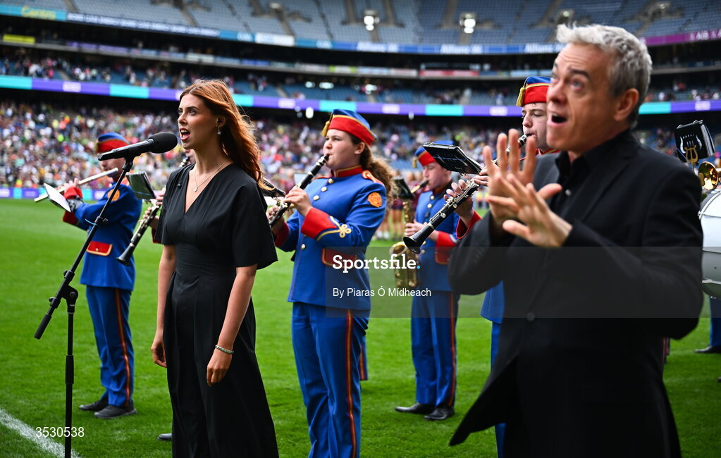 2 August 2026; Méabh McNeill of Lámh Dhearg, Aontroim, sings Amhrán na bhFiann before the LGFA TG4 All-Ireland Senior Championship final match between Galway and Kerry at Croke Park in Dublin. Photo by Piaras Ó Mídheach/Sportsfile