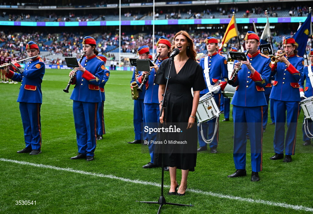 2 August 2026; Méabh McNeill of Lámh Dhearg, Aontroim, sings Amhrán na bhFiann before the LGFA TG4 All-Ireland Senior Championship final match between Galway and Kerry at Croke Park in Dublin. Photo by Piaras Ó Mídheach/Sportsfile